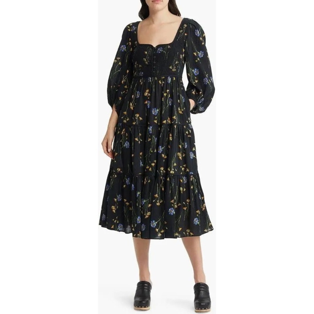 Madewell Xiomara Midi Dress Black Floral Smocked Tiered Puff Sleeve NF081